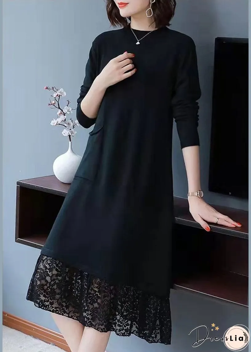 Simple Brown Pockets Lace Patchwork Knit Dresses Fall