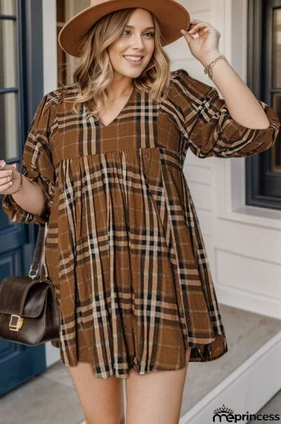 Plus Size Plaid V-Neck Balloon Sleeve Mini Dress