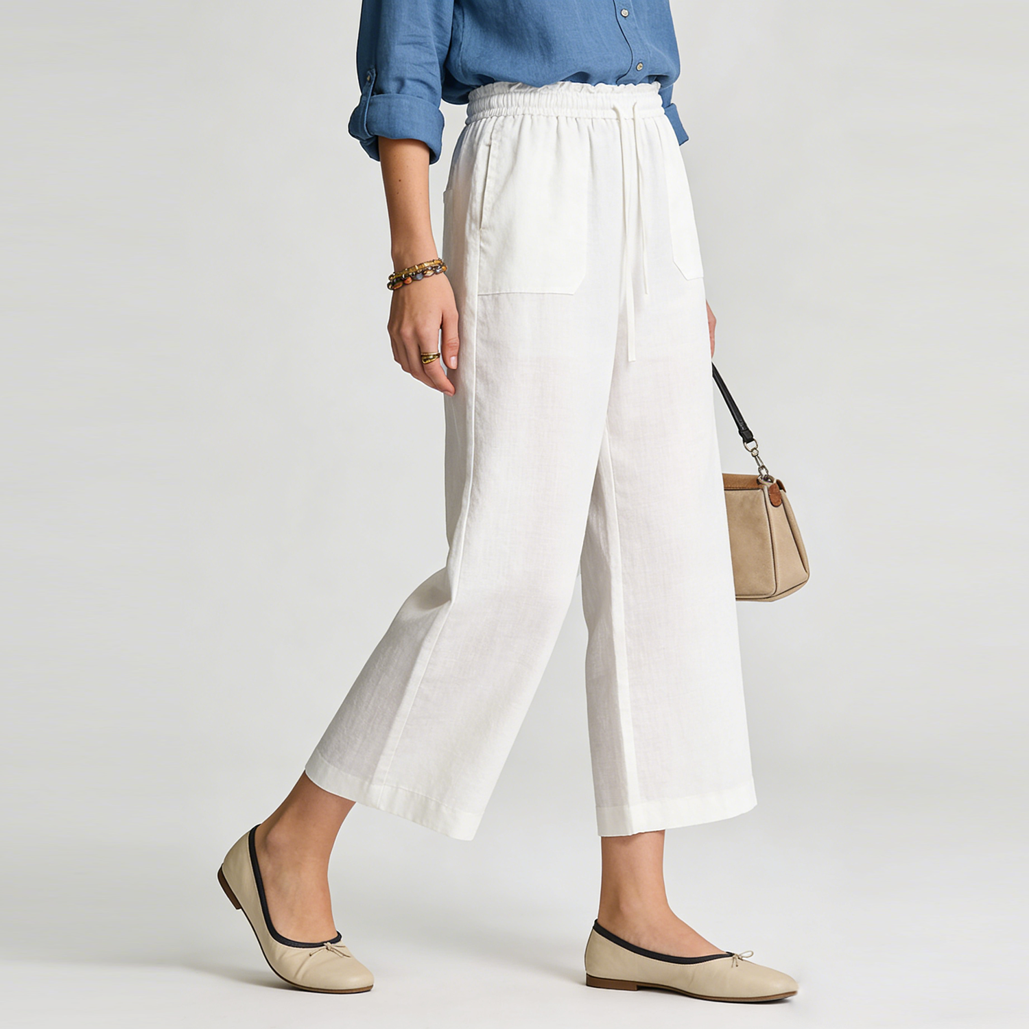 100% European Linen Pants for Women Cropped Elastic High Waist REAL SILK LIFE