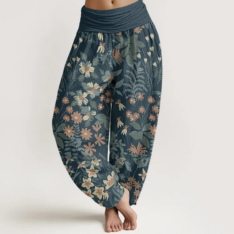 Cotton Casual Daisy Flowers Leaves Design Women's Elastic Waist Harem Pants