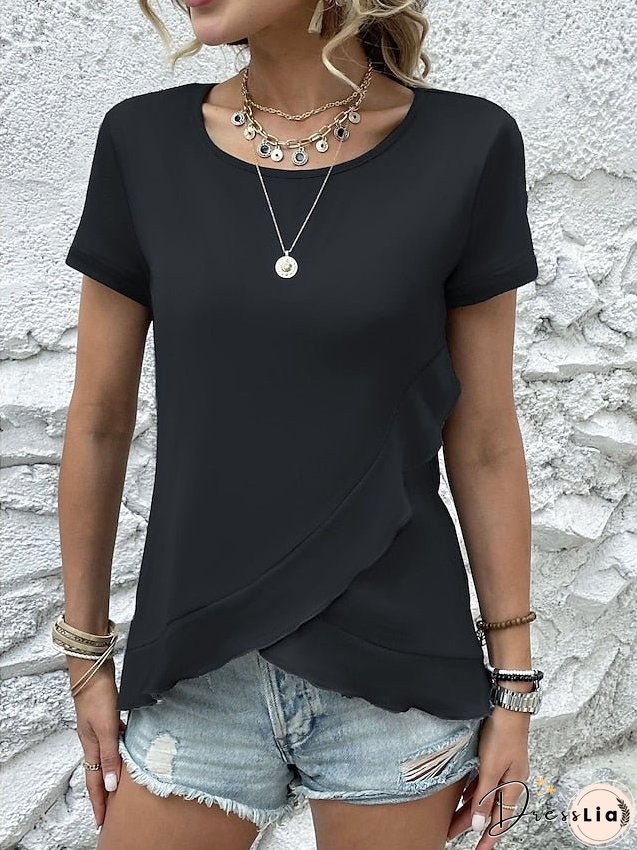 T shirt Tee Black Blue Green Plain Ruffle Short Sleeve Daily Weekend Basic Round Neck Regular S for Women