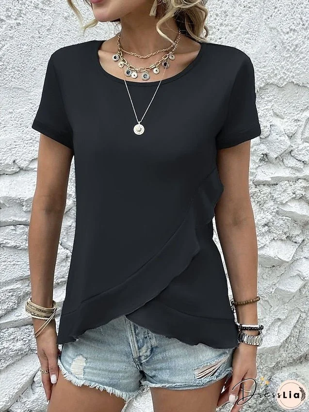 T shirt Tee Black Blue Green Plain Ruffle Short Sleeve Daily Weekend Basic Round Neck Regular S for Women