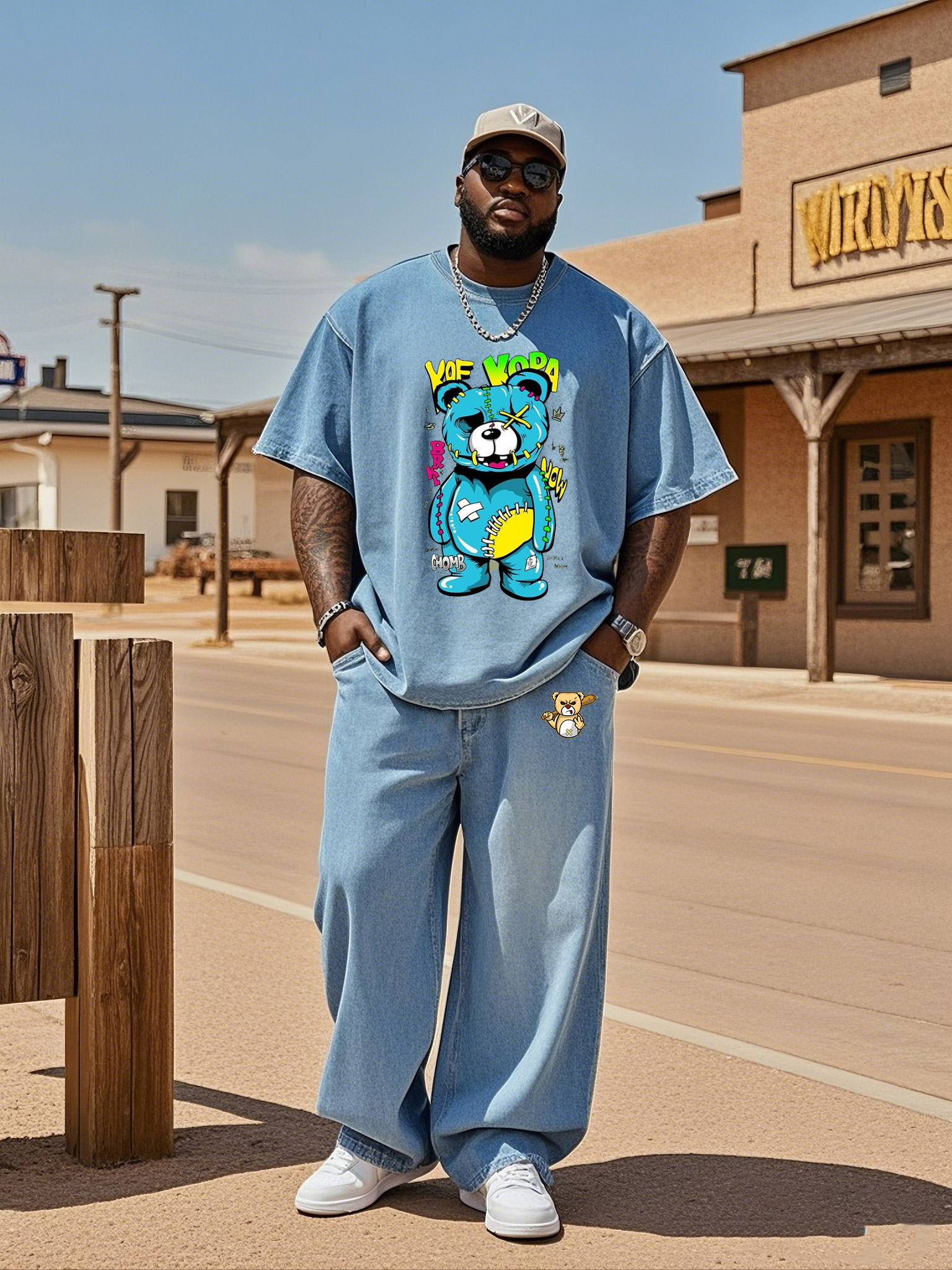 Plus Size Men's Street Fashion Explodes Beating Bear Denim T-Shirt Pants Suit