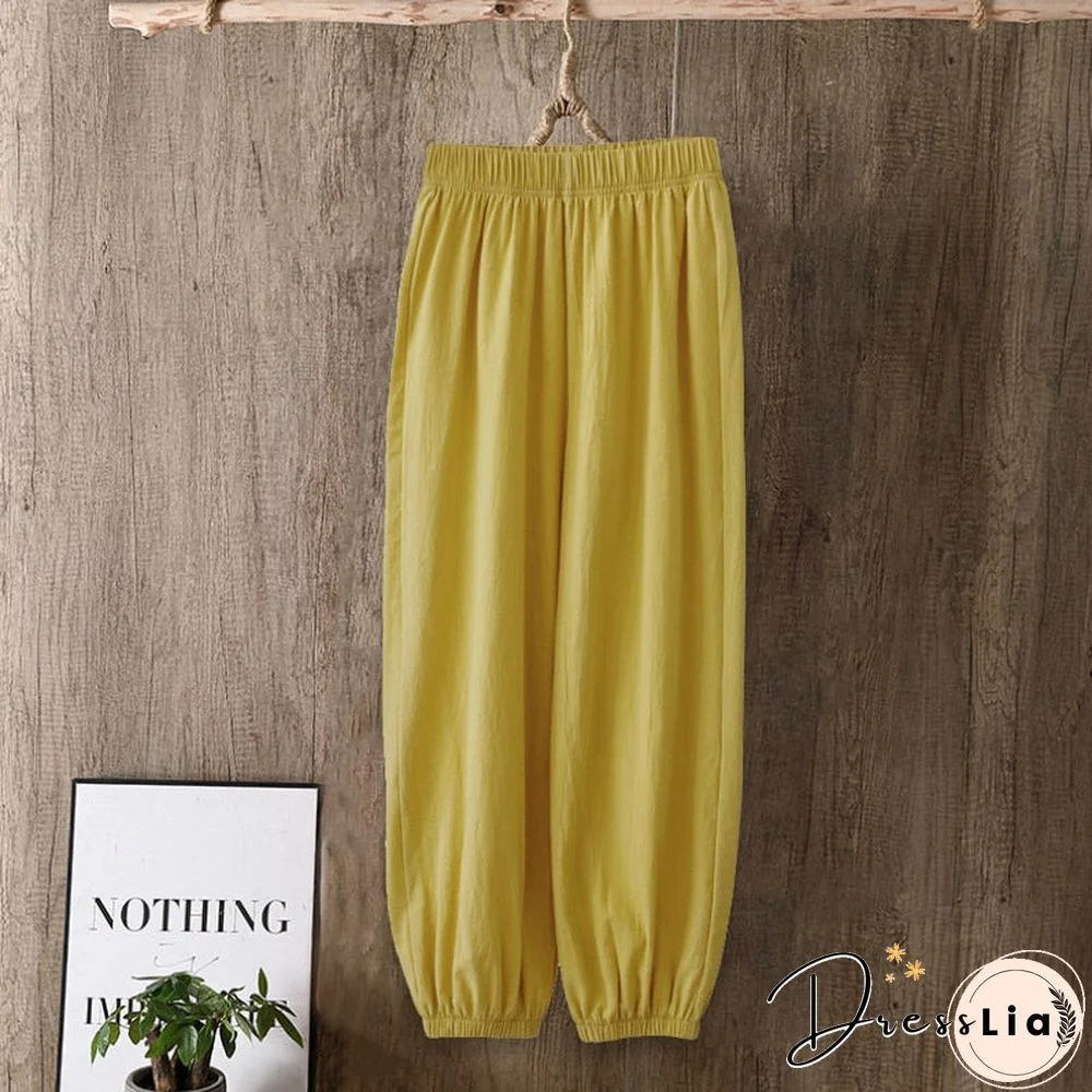 Casual Style Cotton Linen Pants Women Spring Summer New Elastic Waist Solid Basic Retro Loose Women'S Harem Pants Trousers