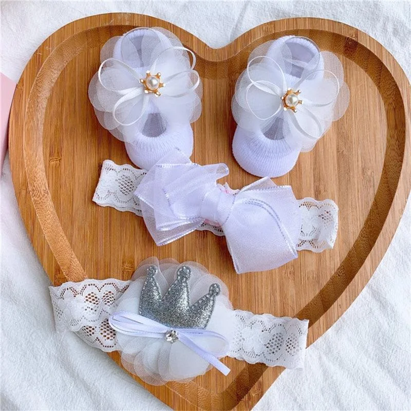 3Pcs/Set Lace Flower Baby Girl Headband Socks Set Crown Bows Newborn Hairband Headbands For Girls Turban Baby Hair Accessories
