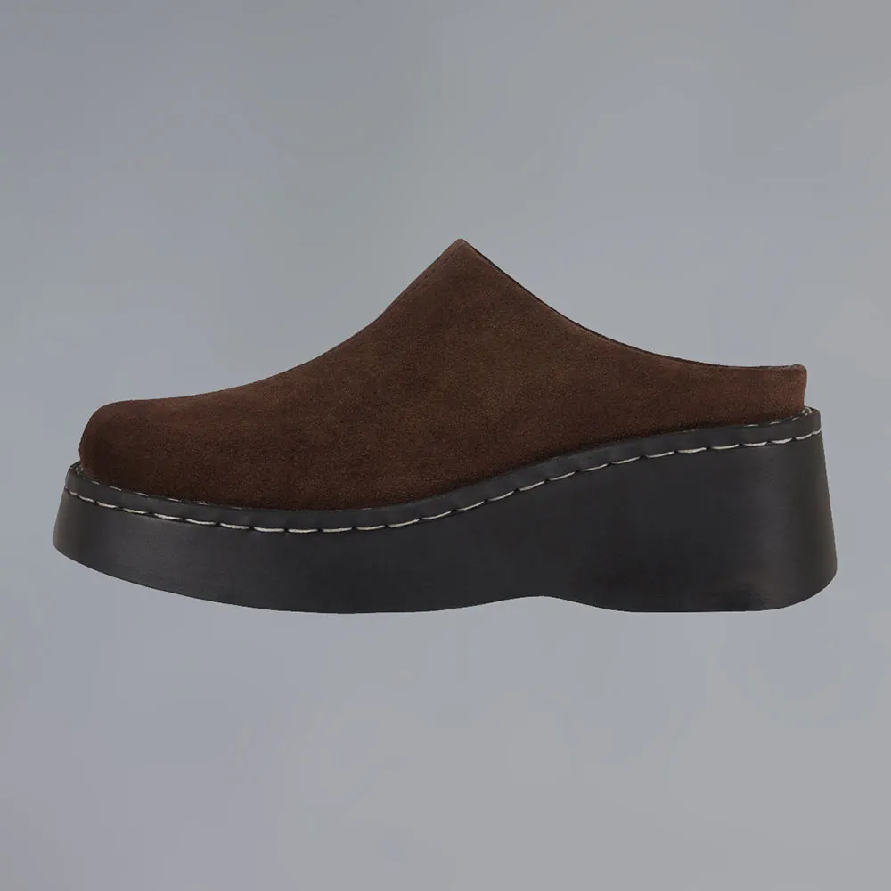 Brown Round Toe Platform Wedge Heel Slip On Women's Mules Shoes