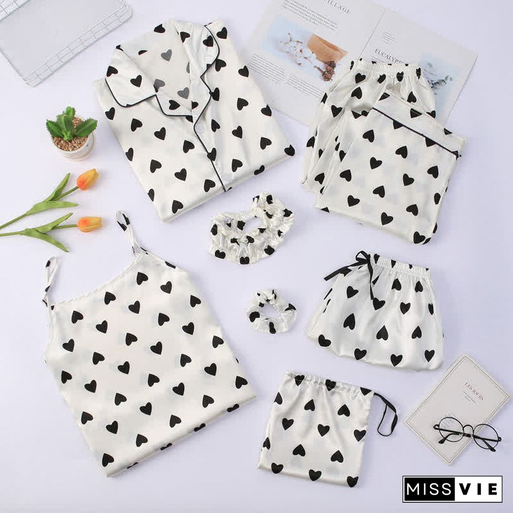 Love Heart Bow Knot Print Silk Pajamas Seven Pieces Set