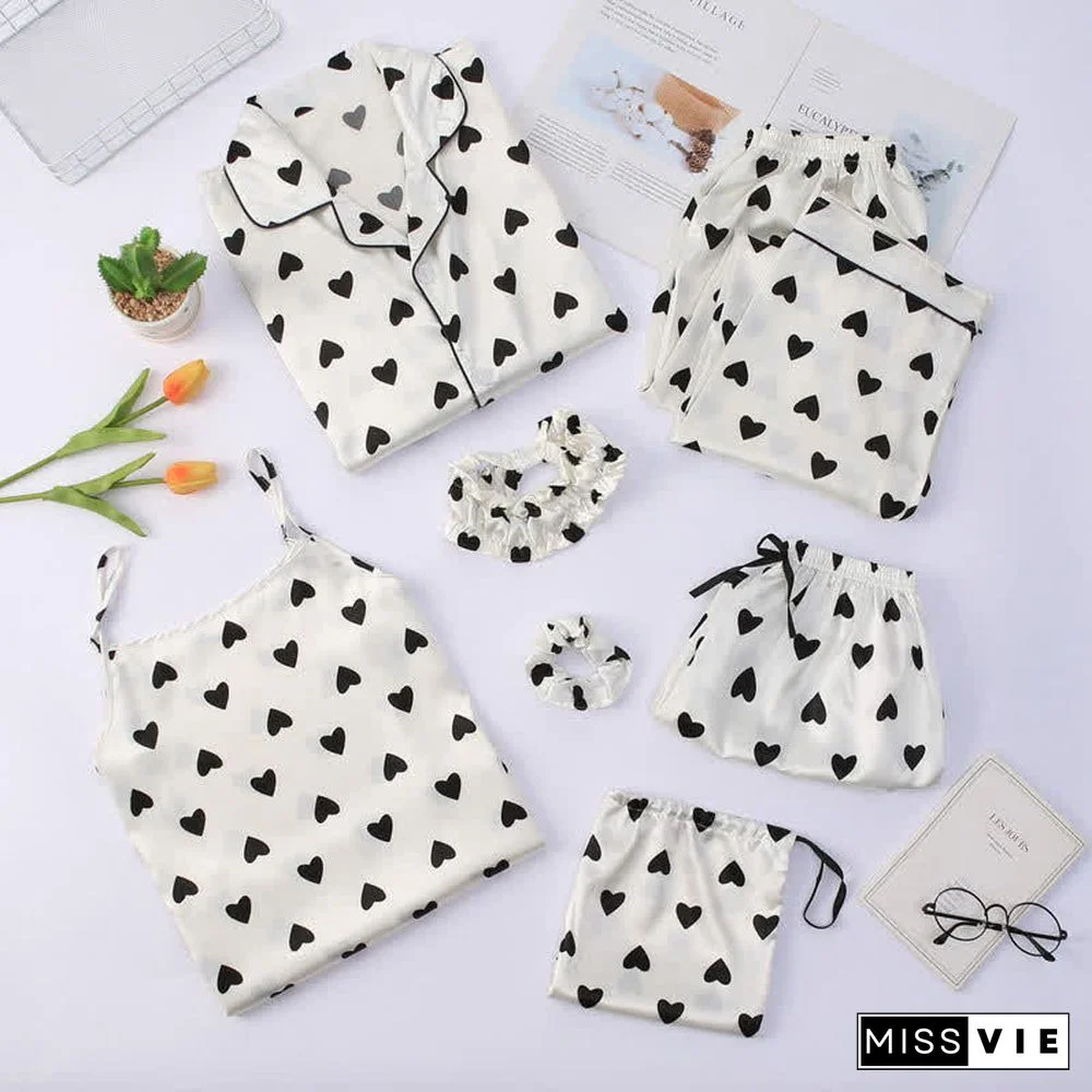 Love Heart Bow Knot Print Silk Pajamas Seven Pieces Set