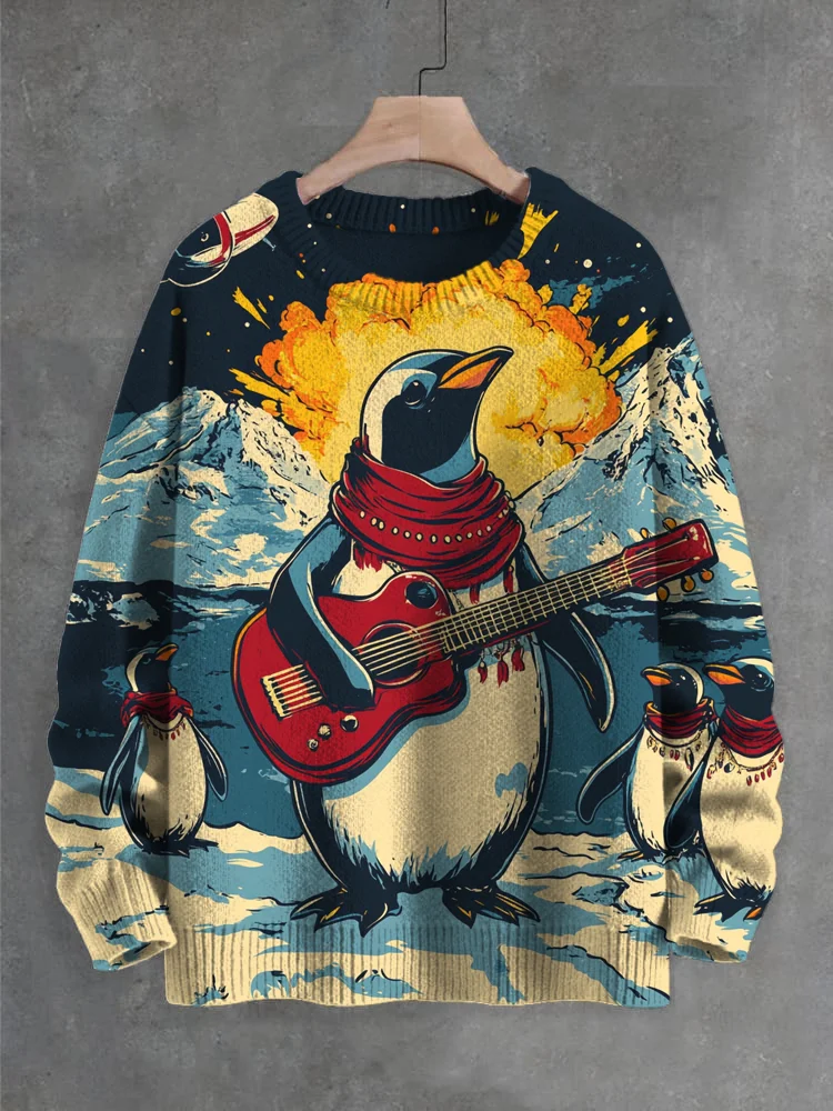 Men's Bomb Explosion Penguins Guitar Print Knit Sweatshirt