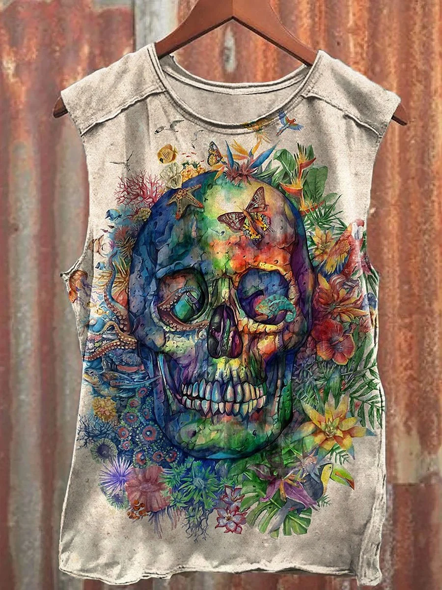 Vintage Skull Ghost Flower Art Print Casual Tank Top Eagerlys