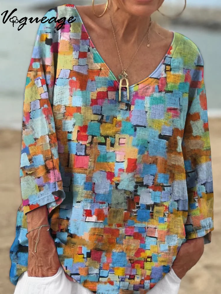 Retro Color Ink Small Squares 3/4 Sleeves Printed Cotton And Linen Shirt