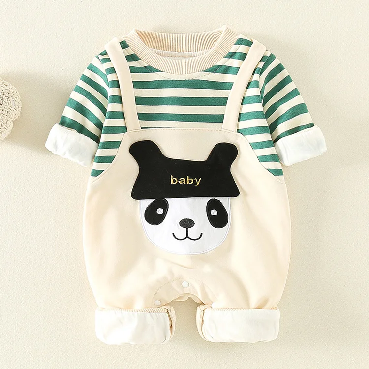 Pure Cotton Mock Two-Piece Panda & Stripe Baby Boy Overalls Romper