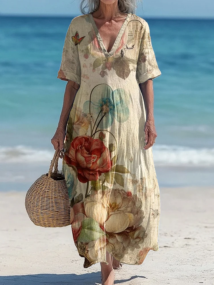 Vintage V-Neck Floral Art Print Elegant And Chic Loose Midi Dress