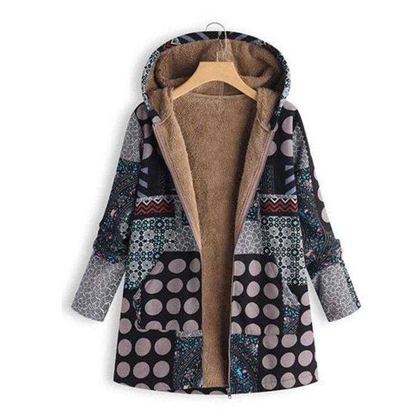 Women Print Winter Coat Casual PlusSize Fluffy Fleece Cozy Women Coat Warm Long Sleeve Zipper Hooded Female Coat Outwear