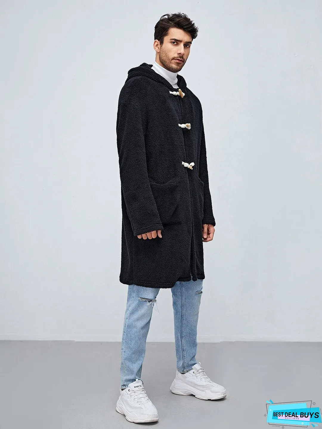 Men Pocket Front Duffle Hooded Flannel Coat