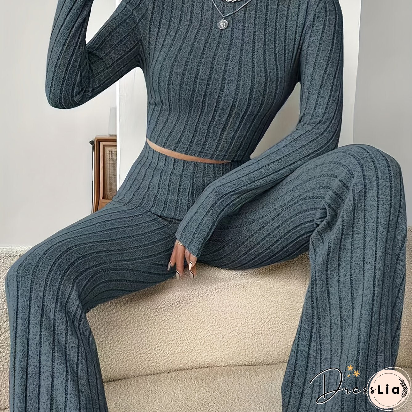 Solid Ribbed Two-piece Set Mock Neck Long Sleeve Tops Flared Leg Pants Outfits Womens
