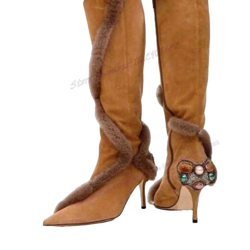 VCSHOES Brown Suede Crystal Decor Knee High Boots Fluffy Pointed Toe Shoes For Women Thin High Heels Snow Shoes Zapatos Para Mujere
