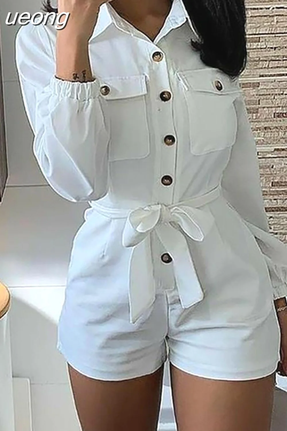 ueong Pocket Design Long Sleeve Rompers Women Playsuits