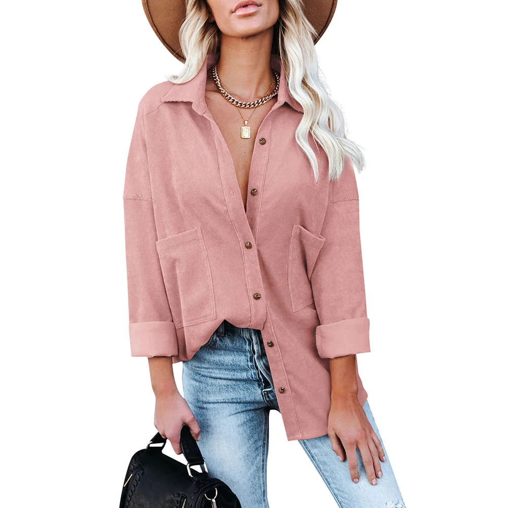 Pink Solid Corduroy Button Long Sleeve Shirt