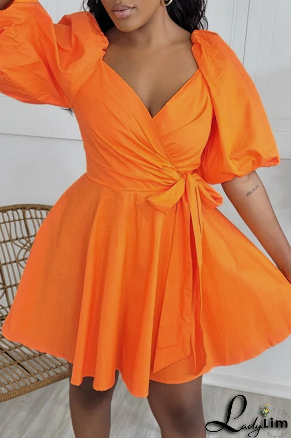 Orange Fashion Casual Solid Bandage Patchwork V Neck A Line Dress