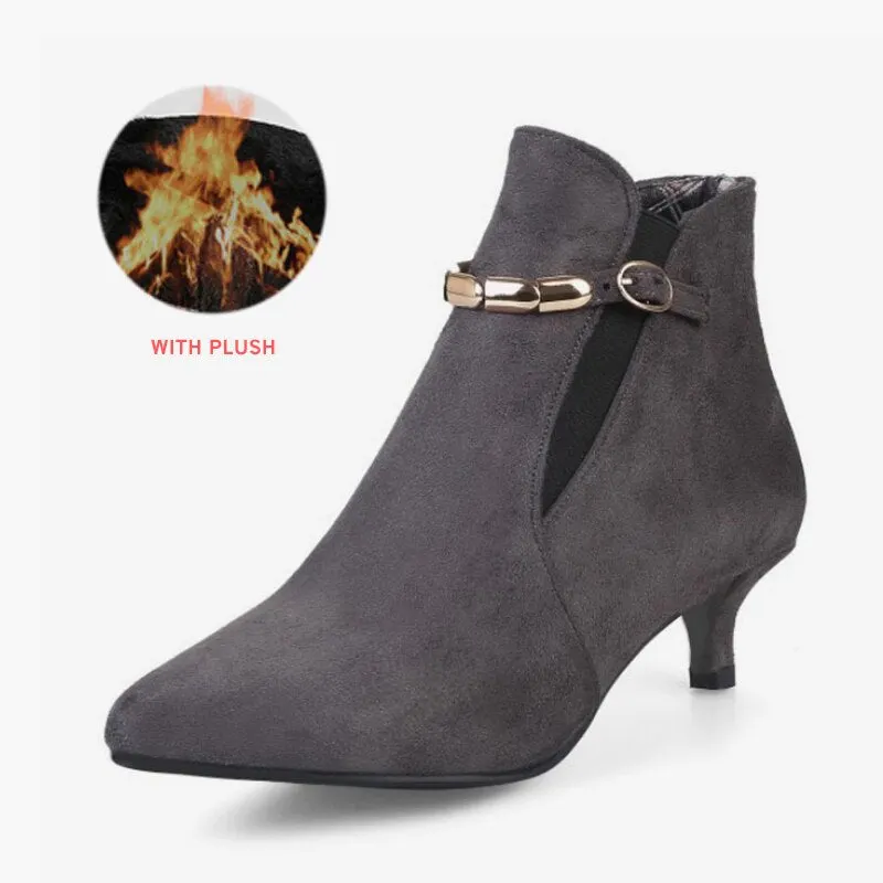 Women Ankle Boots Buckle Strap Plus Size Ladies Thin High Heels Female Flock Metal Elastic Band Autumn Winter Warm Classic Shoes