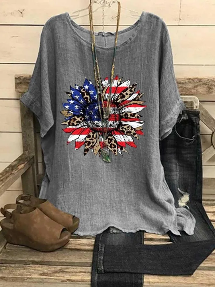 Women's Flag Sunflower Art Print Casual Top