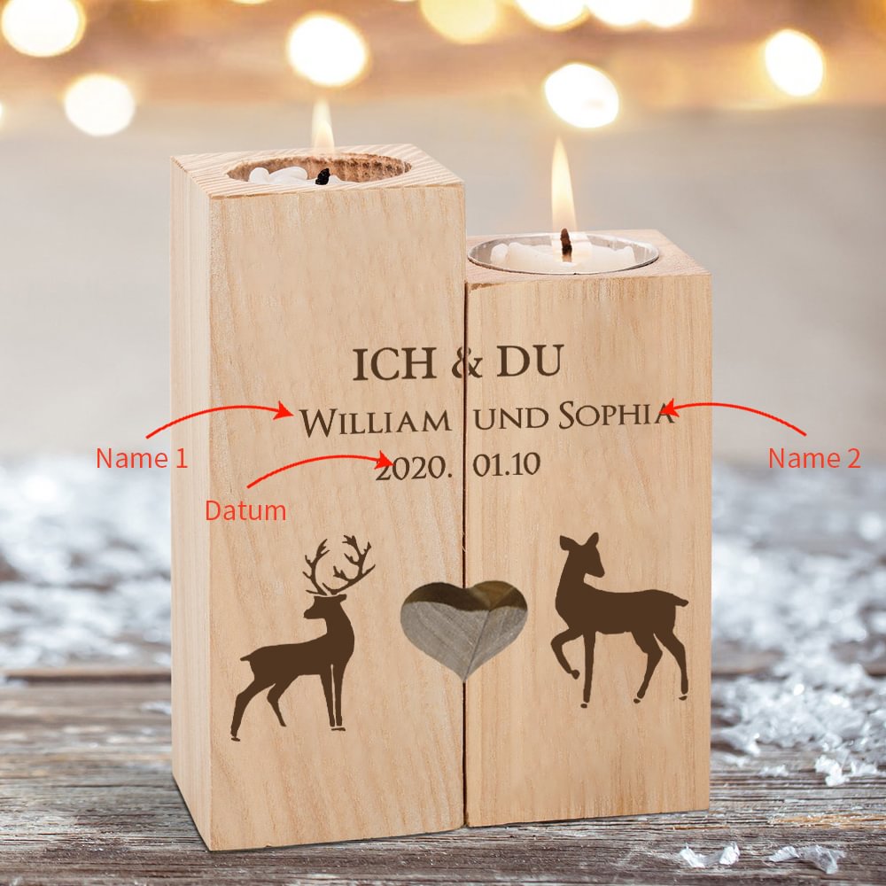 Personalisierter 2 Namen & Datum Kerzenhalter-ICH & DU- Holz Hirsch Teelichthalter für Paare n2-d1 Kettenmachen