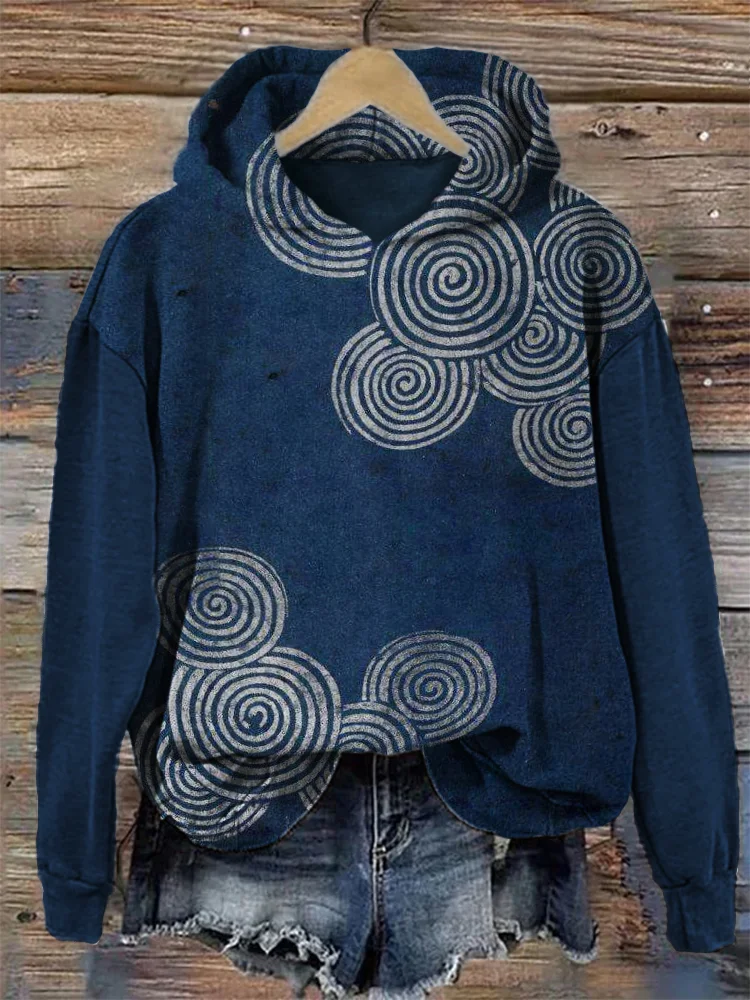 Comstylish Simple Sea Waves Japanese Lino Art Cozy Hoodie