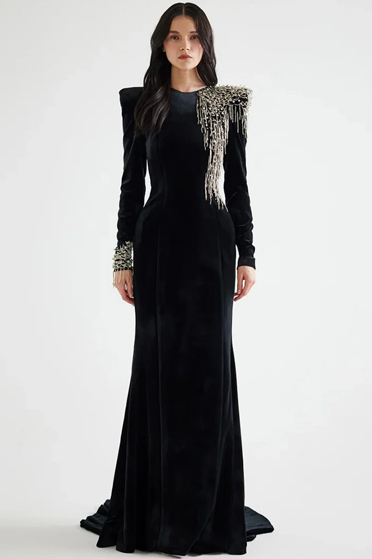 Rhinestone Embellished Padded Shoulders Velvet Maxi Dress-Black