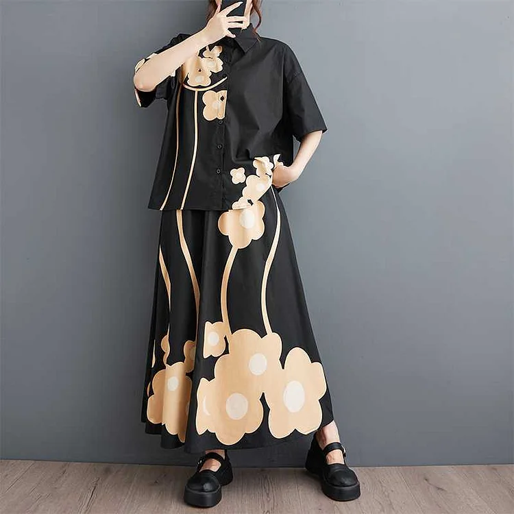 Loose Printed Short Sleeve Blouse and Skirt Set