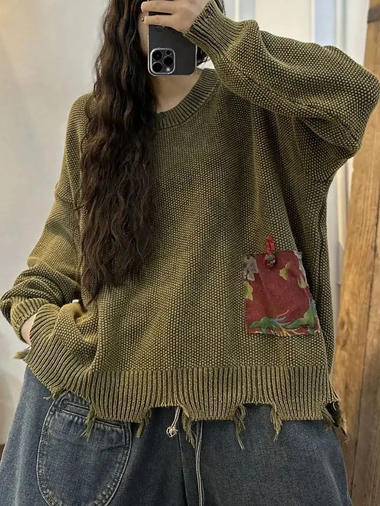 Women Knitted Patch Designs Irreagular Hem Sweater