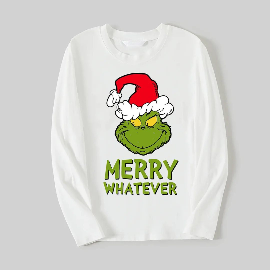 Wear Santa Hat Green Elf Cartoon Pattern "Merry Christmas" Lettering Prints Contrast White Long Sleeve with Red&Black Plaid Pants Family Matching Pajamas