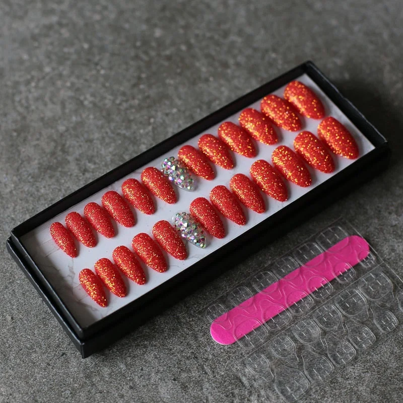Art design Glitter powder fake nails red pink 26pcs Stiletto Full crystal diamond false nails wedding nails-Nail Inspo