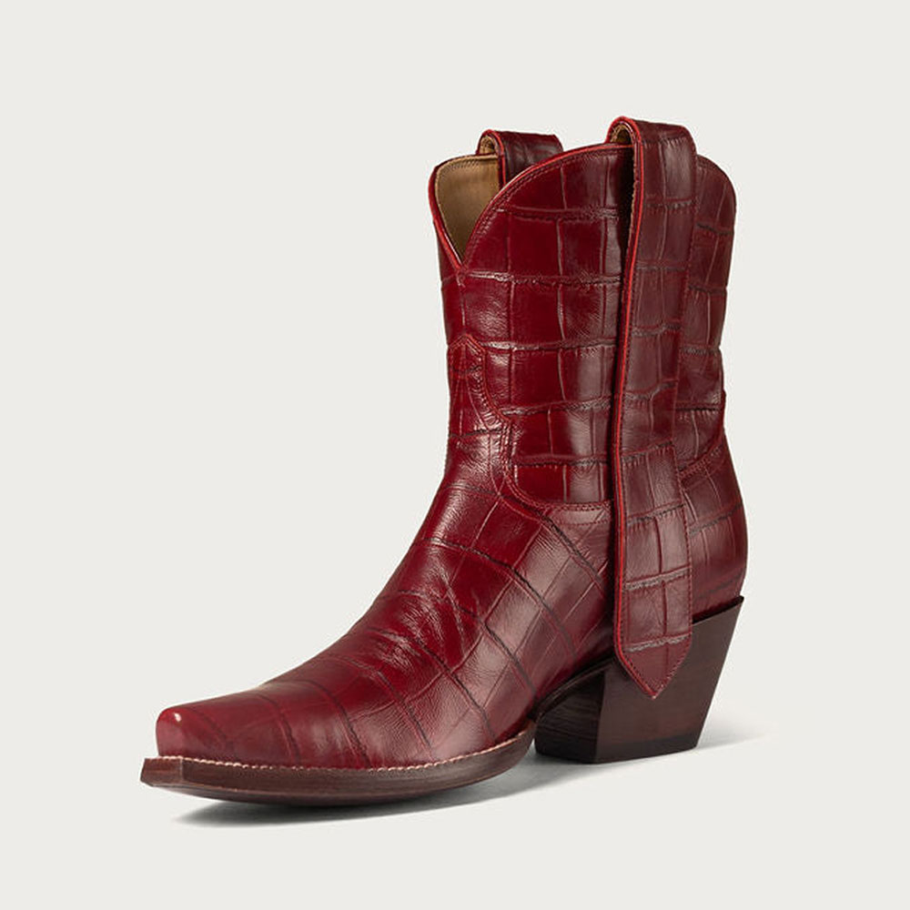 Maroon Crocodile Embossed Pull Tab Snip Toe Chunky Heel Cowgirl Boots Nicepairs