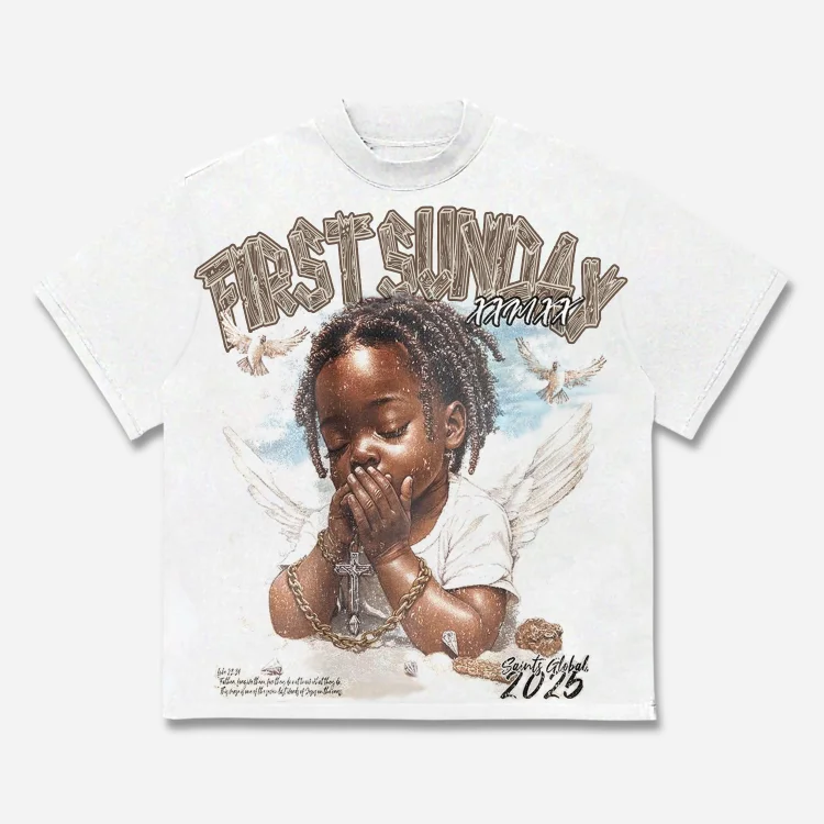 Utbros Vintage First Sunday Child Angel Graphics Cotton T-shirt
