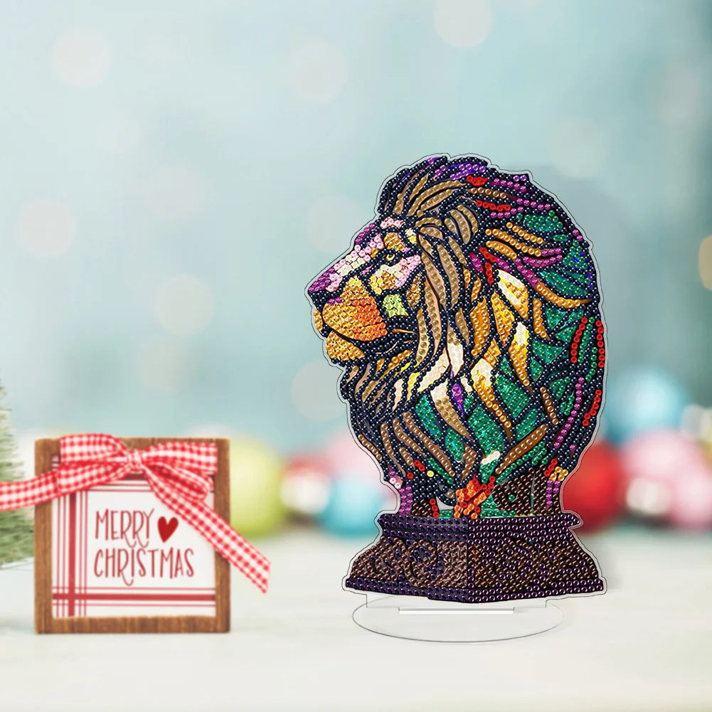 DIY Lion Acrylic Single-Sided Diamond Painting Desktop Decoration with Light for Office Desktop Decor