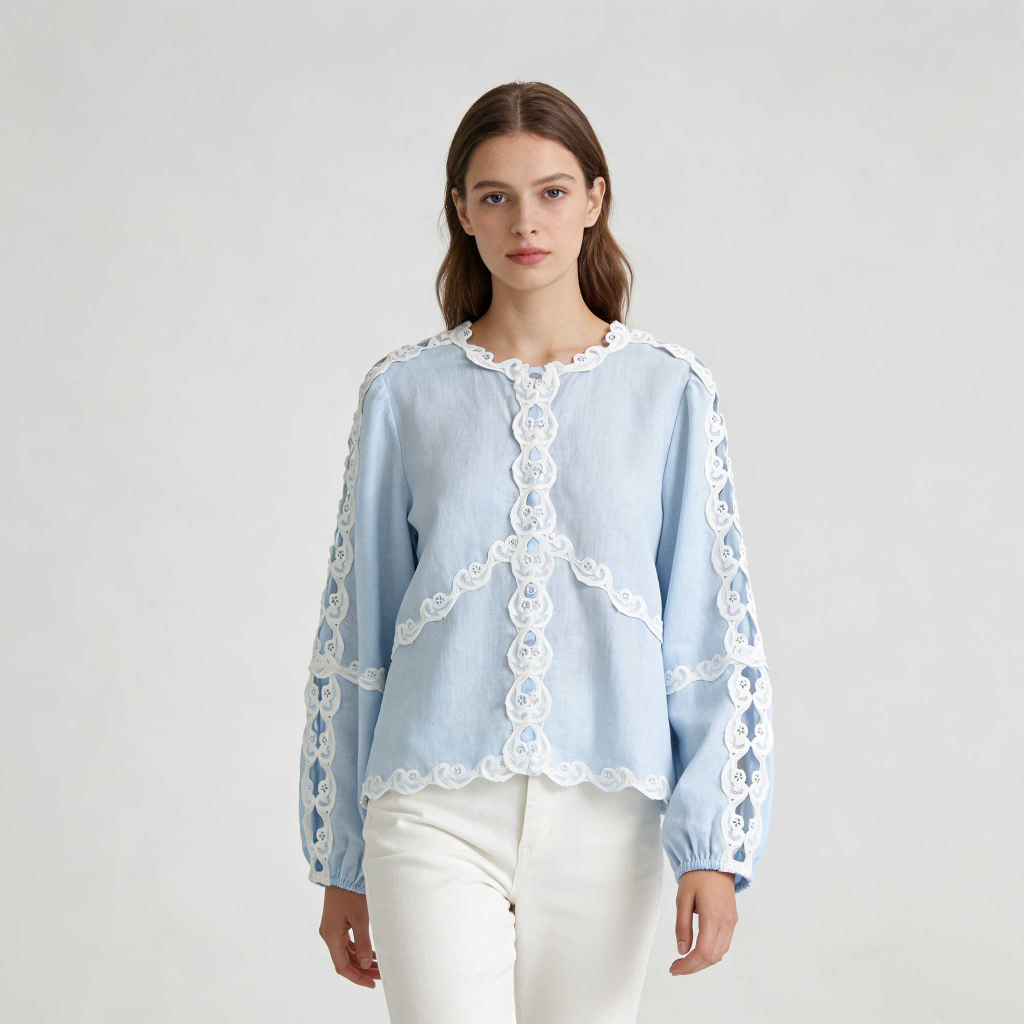 Linen Blouse Women 100% Linen Crochet Lace Balloon Sleeve Top REAL SILK LIFE