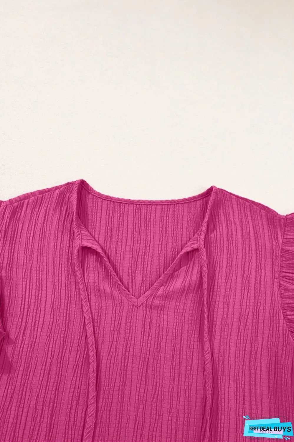 Rose Red Textured Ruffled Sleeve V Neck Top