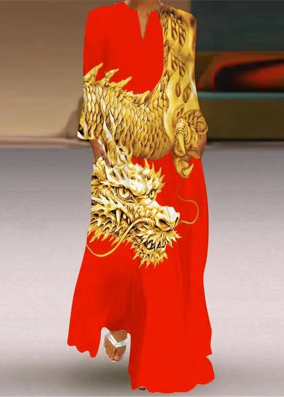 Elegant Red V Neck Animal Print Long Dress Long Sleeve