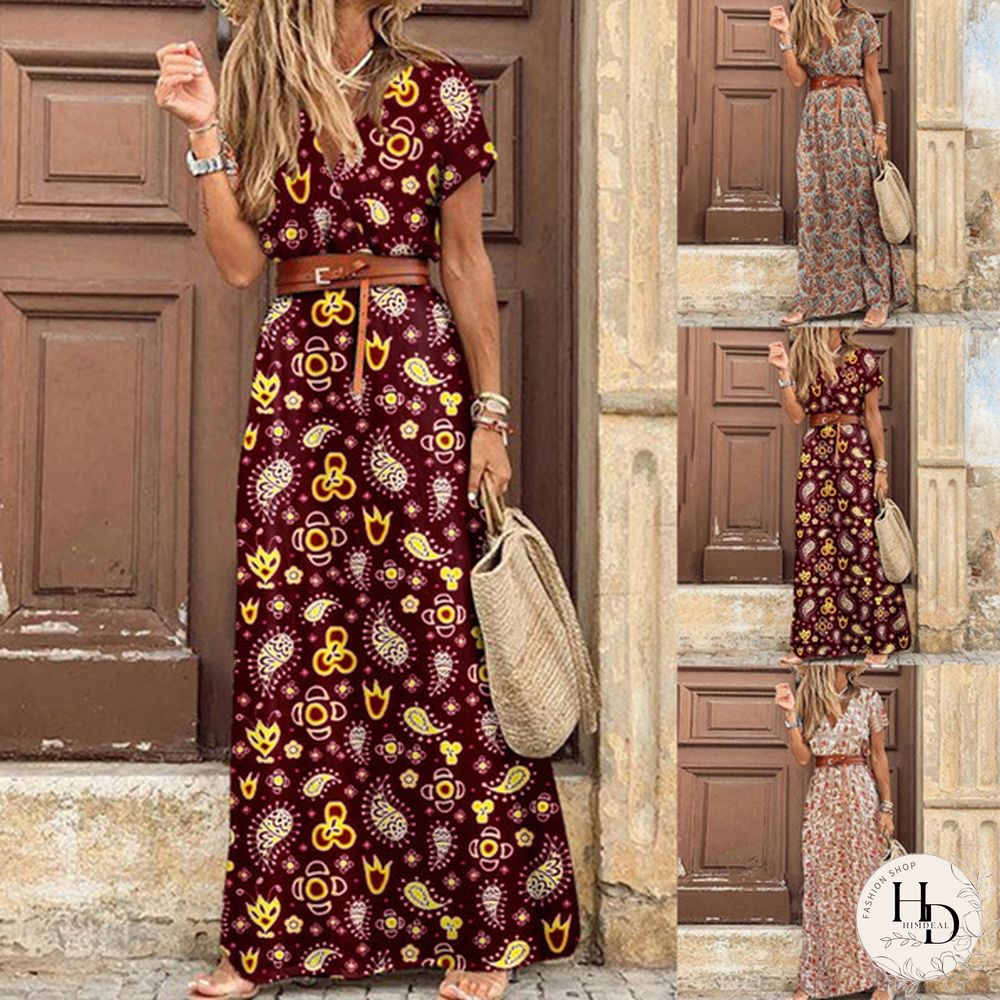 Ladies Summer Sexy Printed Boho Dress with Belt Belt