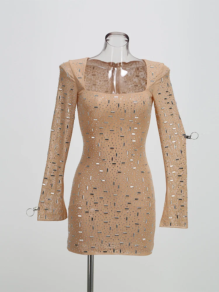 Brownm Women's New Sexy Square Collar Hot Diamond Long-Sleeved Dress Body Slimming Bag-Butt Dress Dress Dress Woman