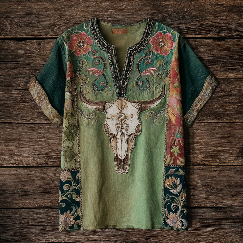 Western Bull Skull & Flowers Embroidered Cozy Linen Shirt