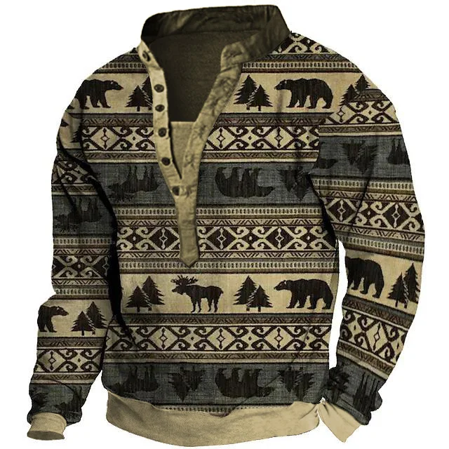 Men's Vintage Ethnic Geometric Animal Henley Sweatshirt fee6