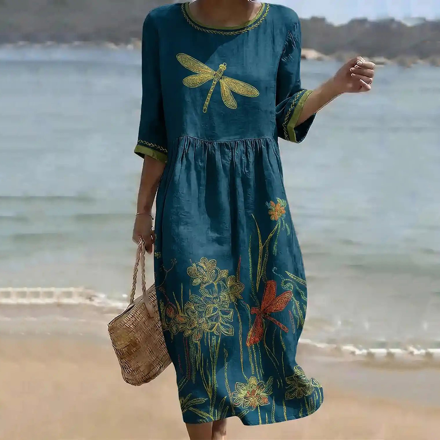 Comstylish Women's Vintage Dragonfly And Floral Art Linen Blend Loose Linen Dress
