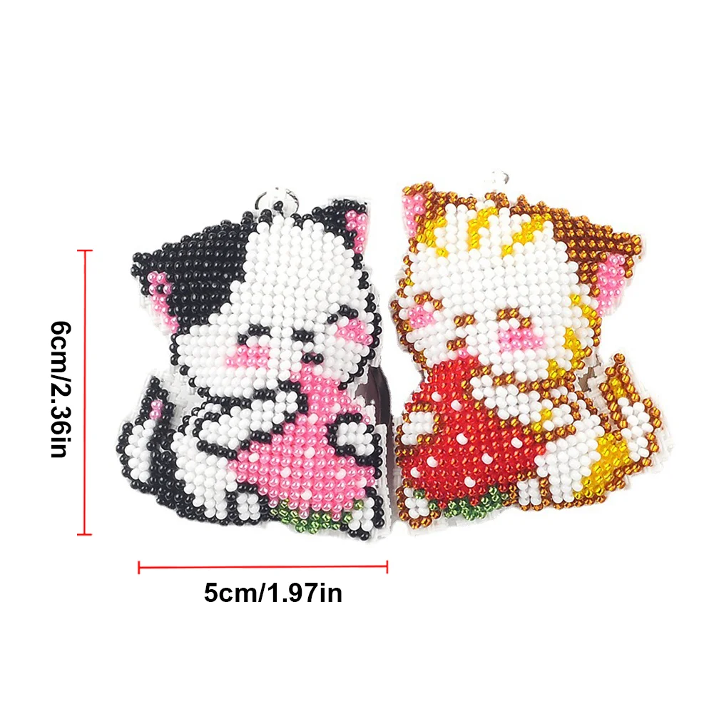 2Pcs Strawberry Cat - Stamped Bead Embroidery - Keychain