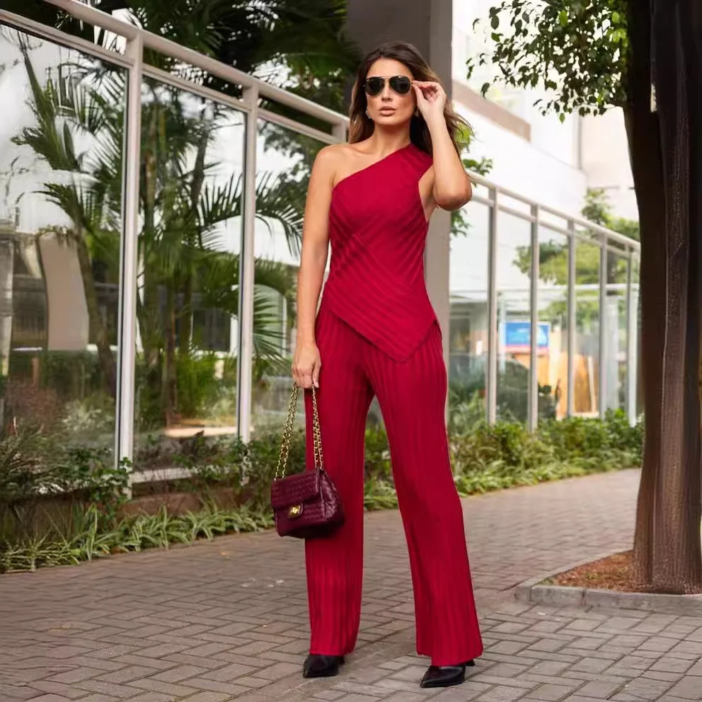 Toloer Toloer 2024 New Solid Color Diagonal Collar Stripe Elastic Slim Knit Sweater Pants Suit Women-Outfit Ideas