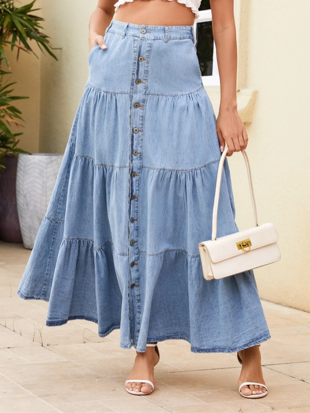 Women's Non-See-Through A-Line Denim Skirt - Structured Layers For Flared Silhouette, Mid-Length Office To Party Outfits - Machine Washable Everyday & Formal Denim Skirt For Women, Jean Skirts, Casual Wear, Midlayer Design, Solid Color Fashion | IFYHOME