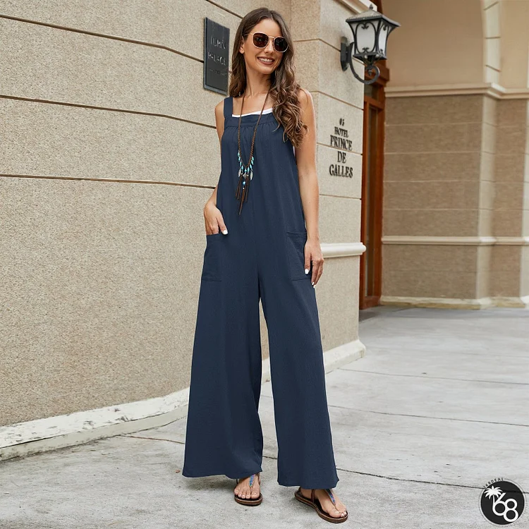 Loose Pockets All Cotton Casual Long Suspender Pants | 168DEAL