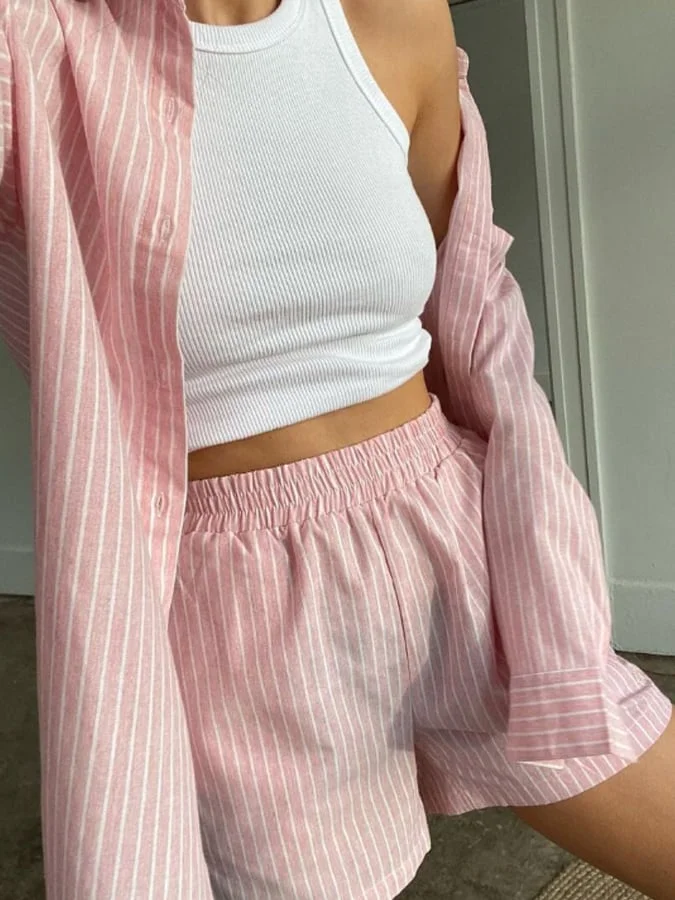 Casual Striped Long -Sleeved Shirt, Wide Leg Pants, Two -Piece Loose High -Waist Shorts Suit