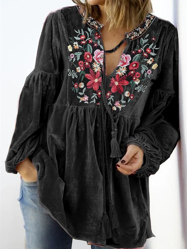 UR Embroidery Notch Neck Tassel Velvet Peplum Blouse